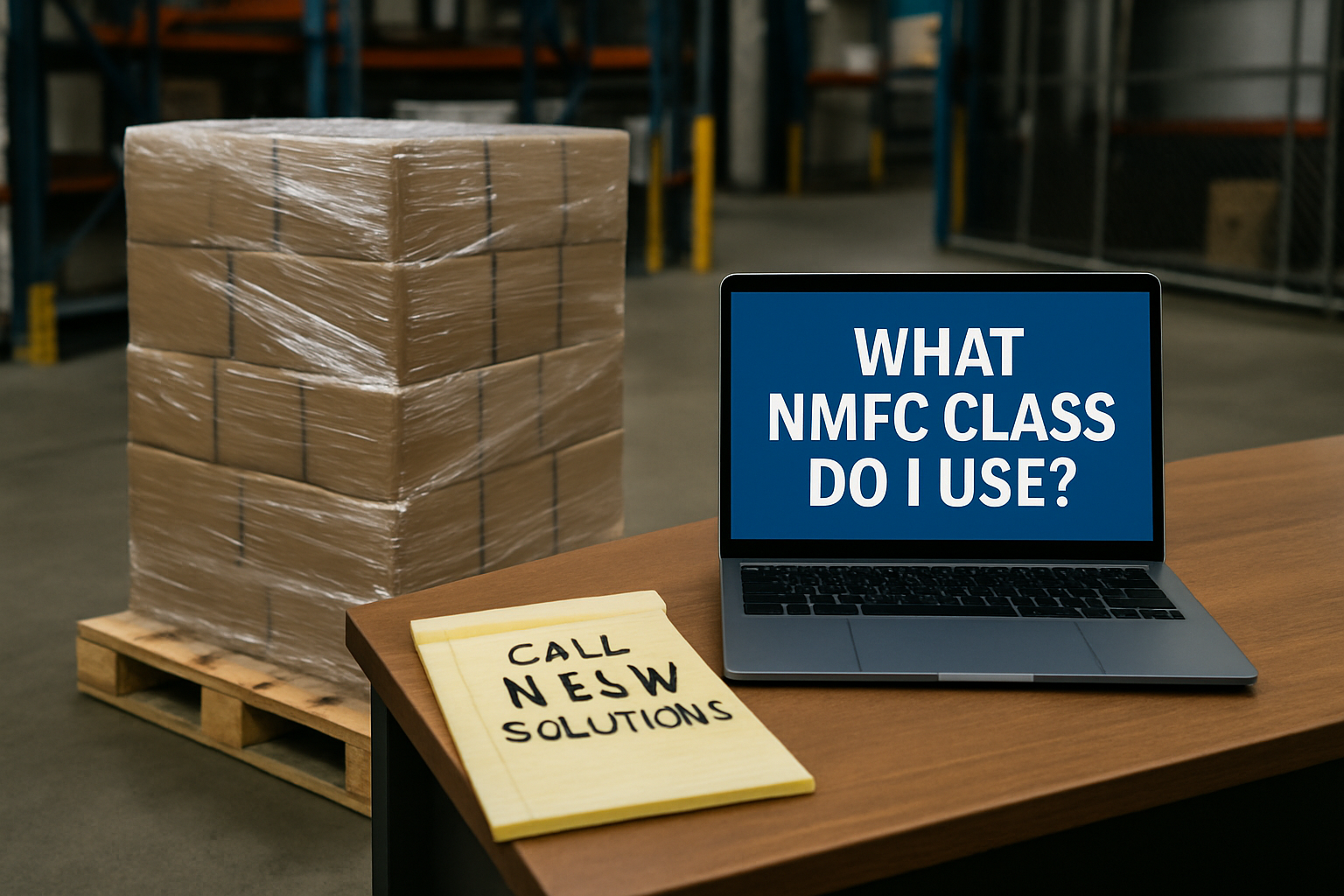 A shrink wrapped pallet sitting next to desk in a warehouse with a laptop on the desk that reads What NMFC Class Do I Use Next to the laptop there is-3